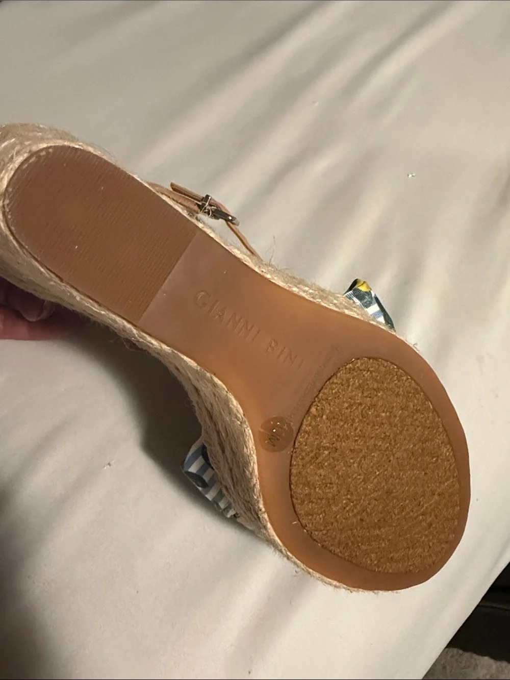 Gianni Bini Tan Espadrille Wedges with Blue, Yellow & Green Floral Ruffle